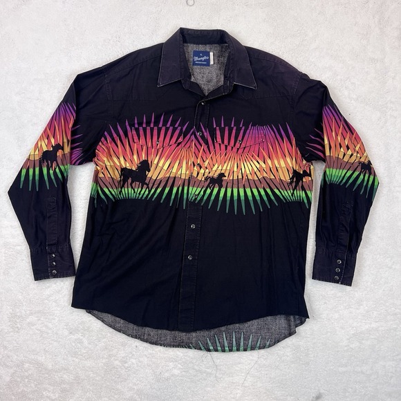 Vintage 80's Wrangler Western Mens XL Cowboy Horse Print Aztec Rodeo Pearl Snap - Picture 1 of 10